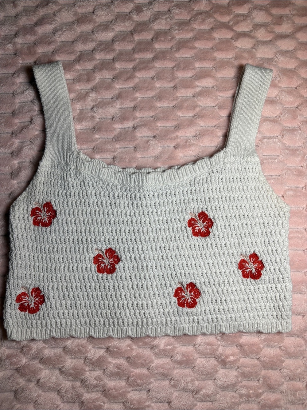 Cottagecore White Knit Hibiscus Flower Crop Top